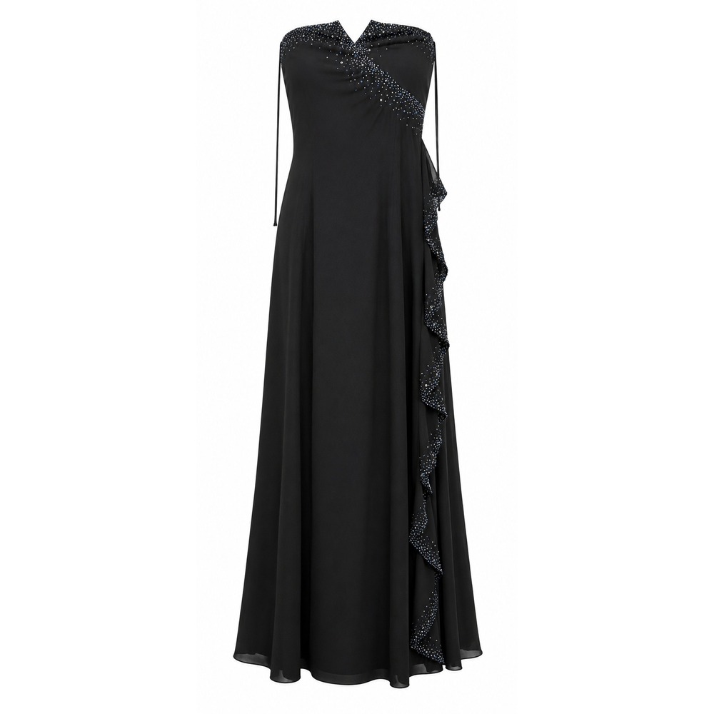 Vintage NIKI by Niki Livas Black Beaded Ruffle Maxi Gown Dress Y2K Sz 12